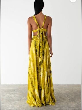 Le Salty Backless Yellow Tie-Dye Maxi Dress with Bow Detail